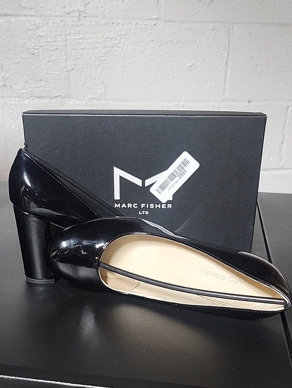 Marc Fisher Zala Black Patent Round-Toe Block Heel Pumps